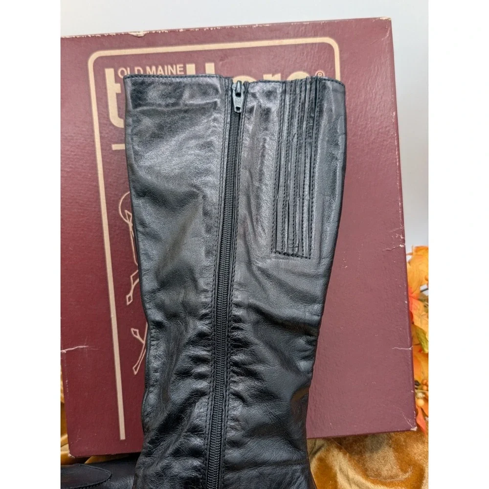 Old Maine Trotter Lancer Black Leather Knee High Boots 10 S Slim 90s Box VTG